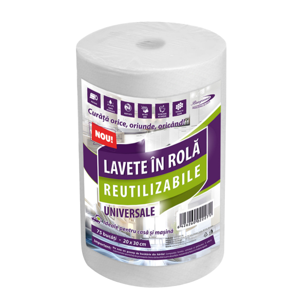 Lavete reutilizabile 30 x 20 cm, rolă 75 bucăți – albe – (Lavete profesionale reutilizabile pentru curățare eficientă, fără scame)